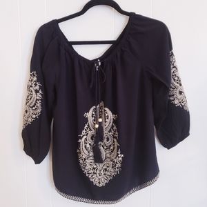 Luna Moon Women Small Top Black Beige Embroidered